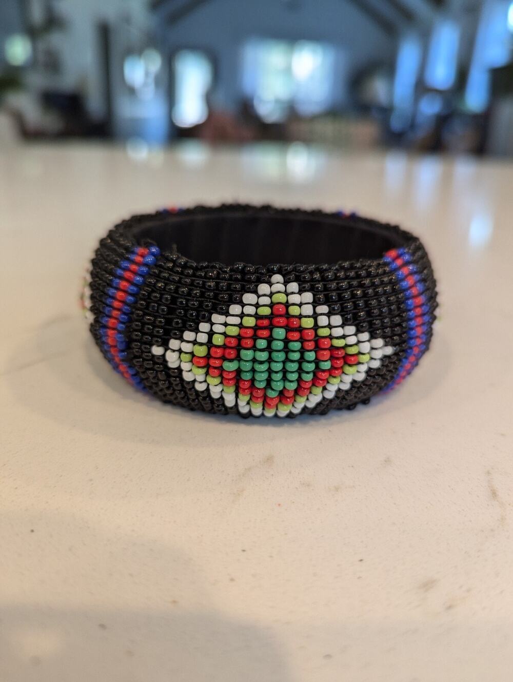 African Beaded Bangle Bracelet Thick Chunky Black Multicolor Art 70's